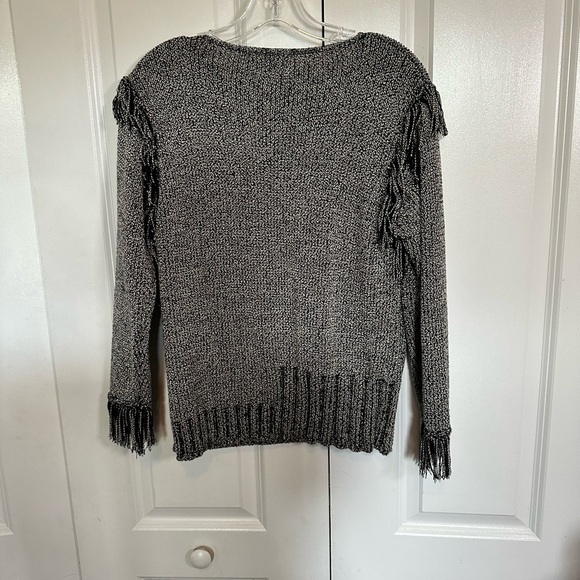Fia Italia handloomed black and white knitted scoop neck sweater w/ fringe, S - Picture 4 of 4